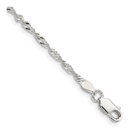 925 White Gold 2 mm Singapore Chain Anklet, Polished shown for scale