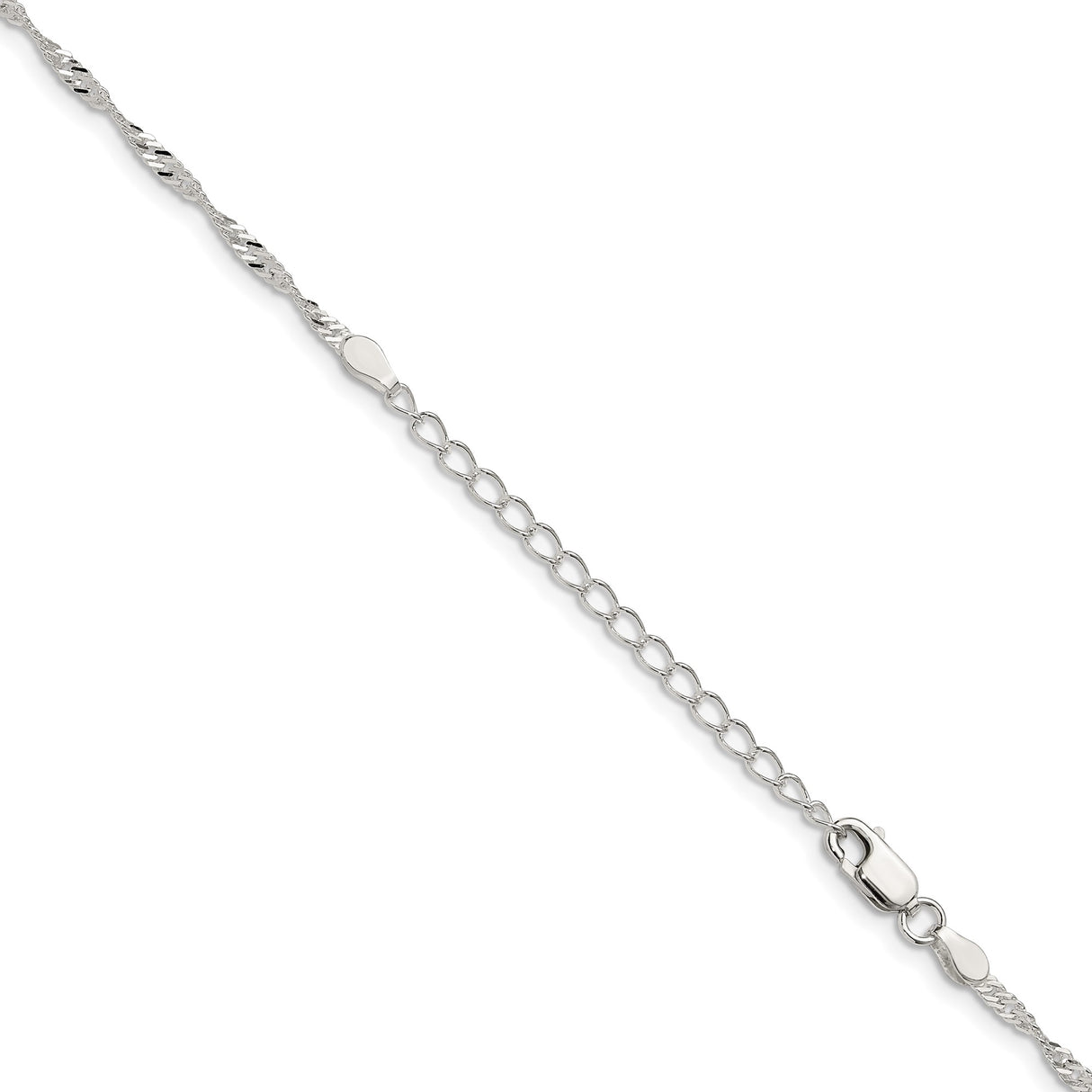 925 White Gold 2 mm Singapore Chain Necklace, Polished detail view