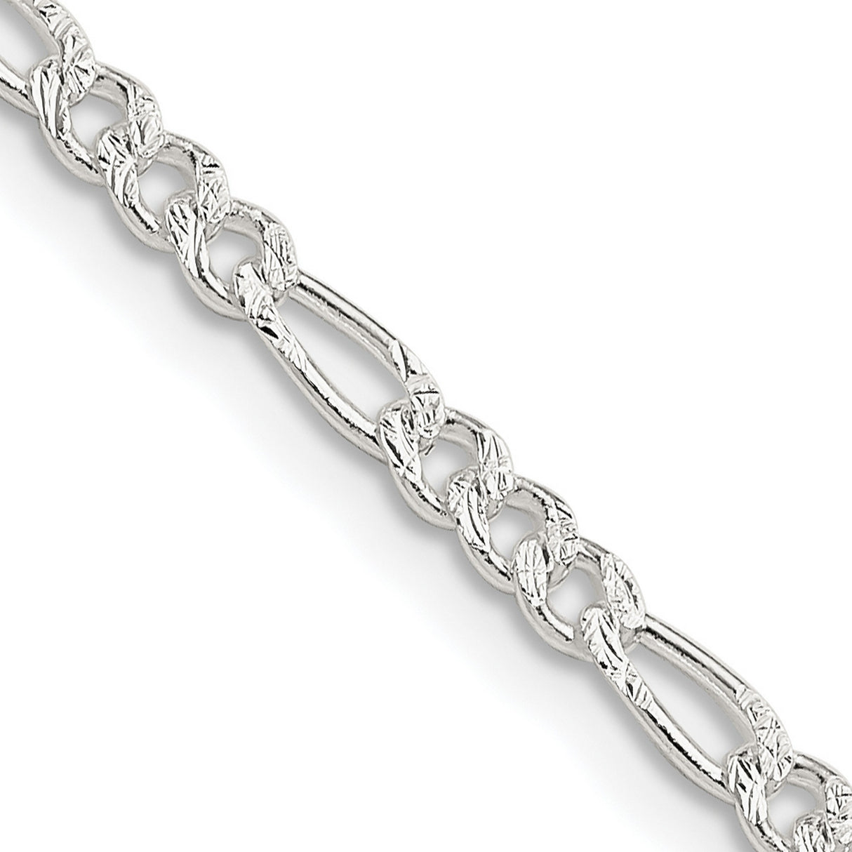 925 White Gold 3 mm Figaro Chain Necklace, Polished detail view