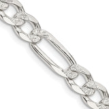 925 White Gold 7 mm Figaro Chain Necklace, Polished detail view