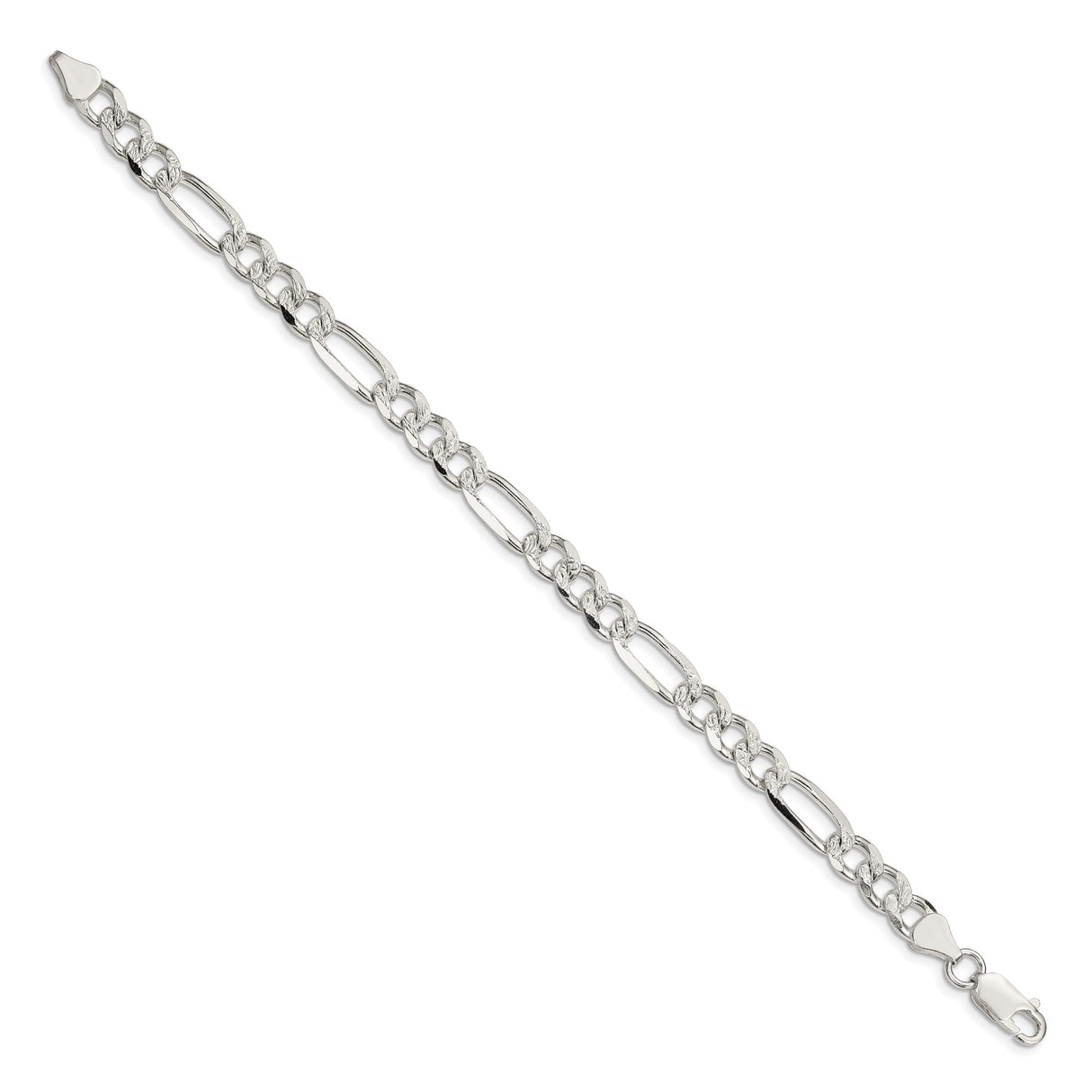 925 White Gold 7.25 mm Figaro Chain Bracelet, Polished detail view