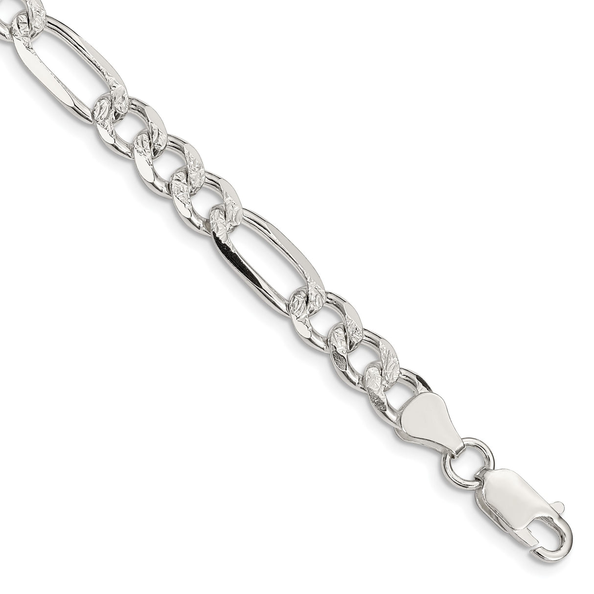 925 White Gold 7.25 mm Figaro Chain Bracelet, Polished shown for scale