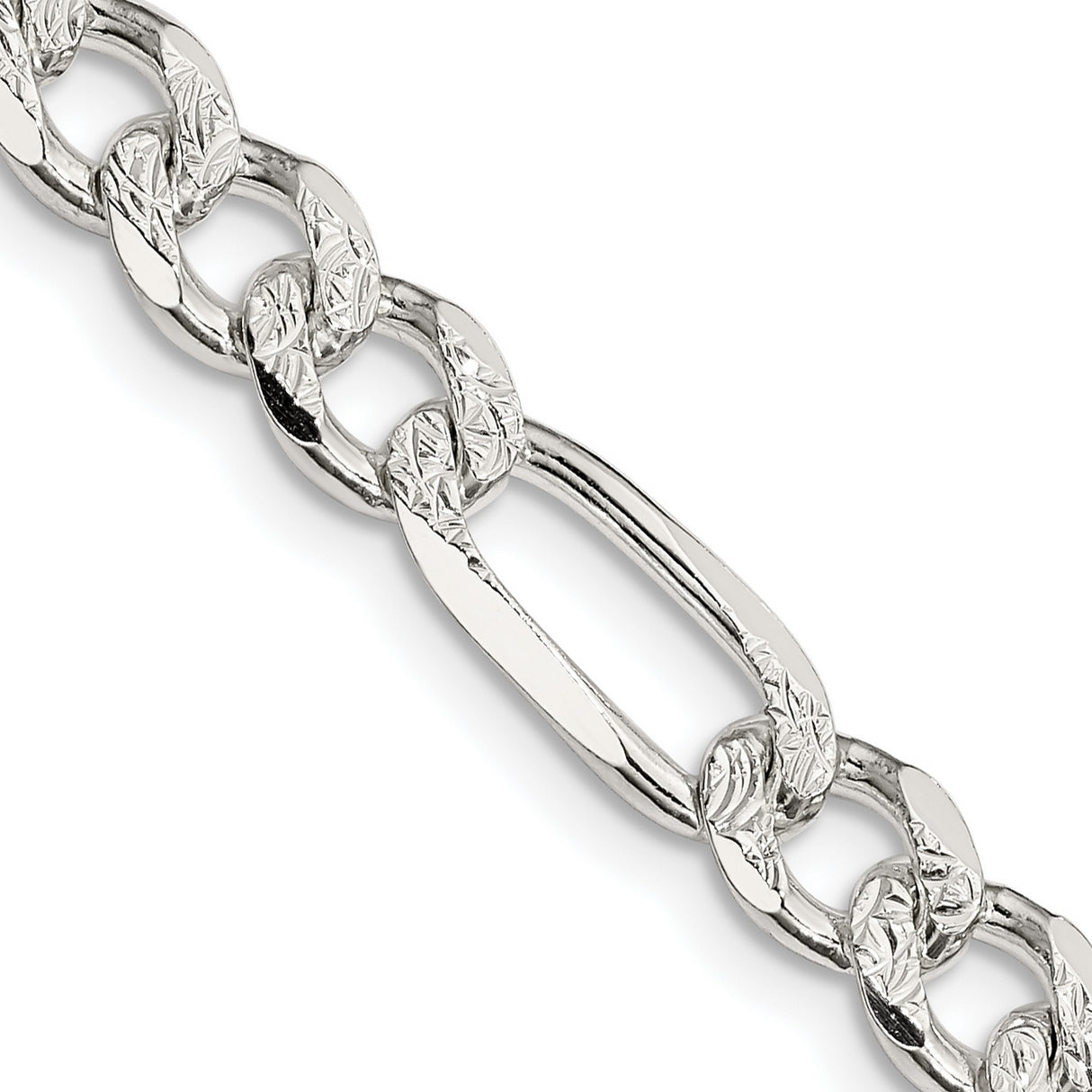 925 White Gold 7.25 mm Figaro Chain Necklace, Polished detail view