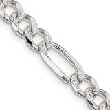 925 White Gold 7.25 mm Figaro Chain Necklace, Polished detail view