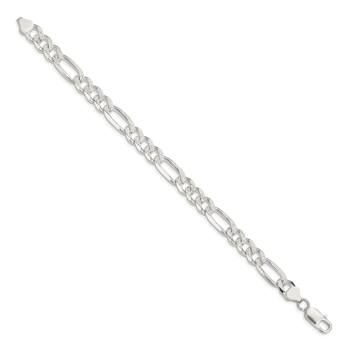 925 White Gold 8 mm Figaro Chain Bracelet, Polished detail view