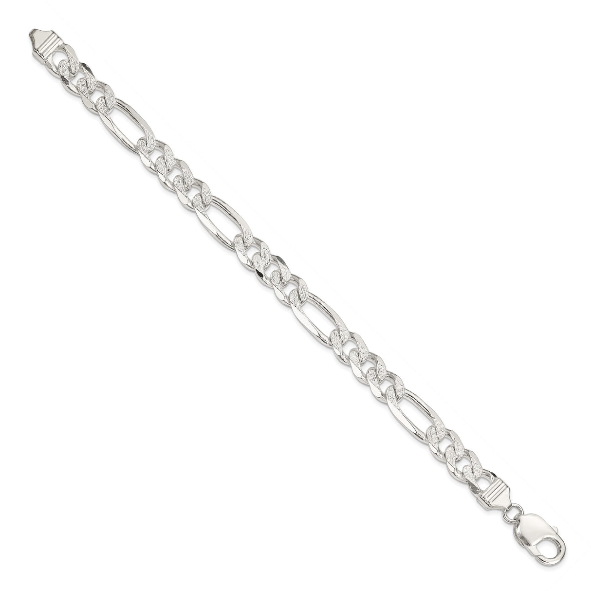 925 White Gold 9.5 mm Figaro Chain Bracelet, Polished detail view