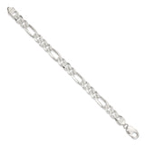 925 White Gold 9.5 mm Figaro Chain Bracelet, Polished detail view