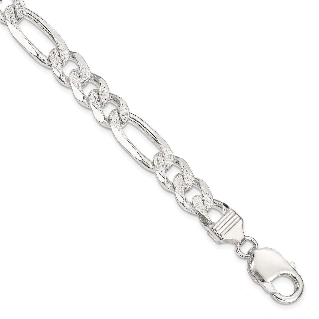 925 White Gold 9.5 mm Figaro Chain Bracelet, Polished shown for scale