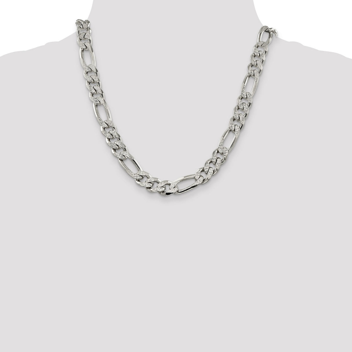 925 White Gold 10.5 mm Figaro Chain Necklace, Polished detail view