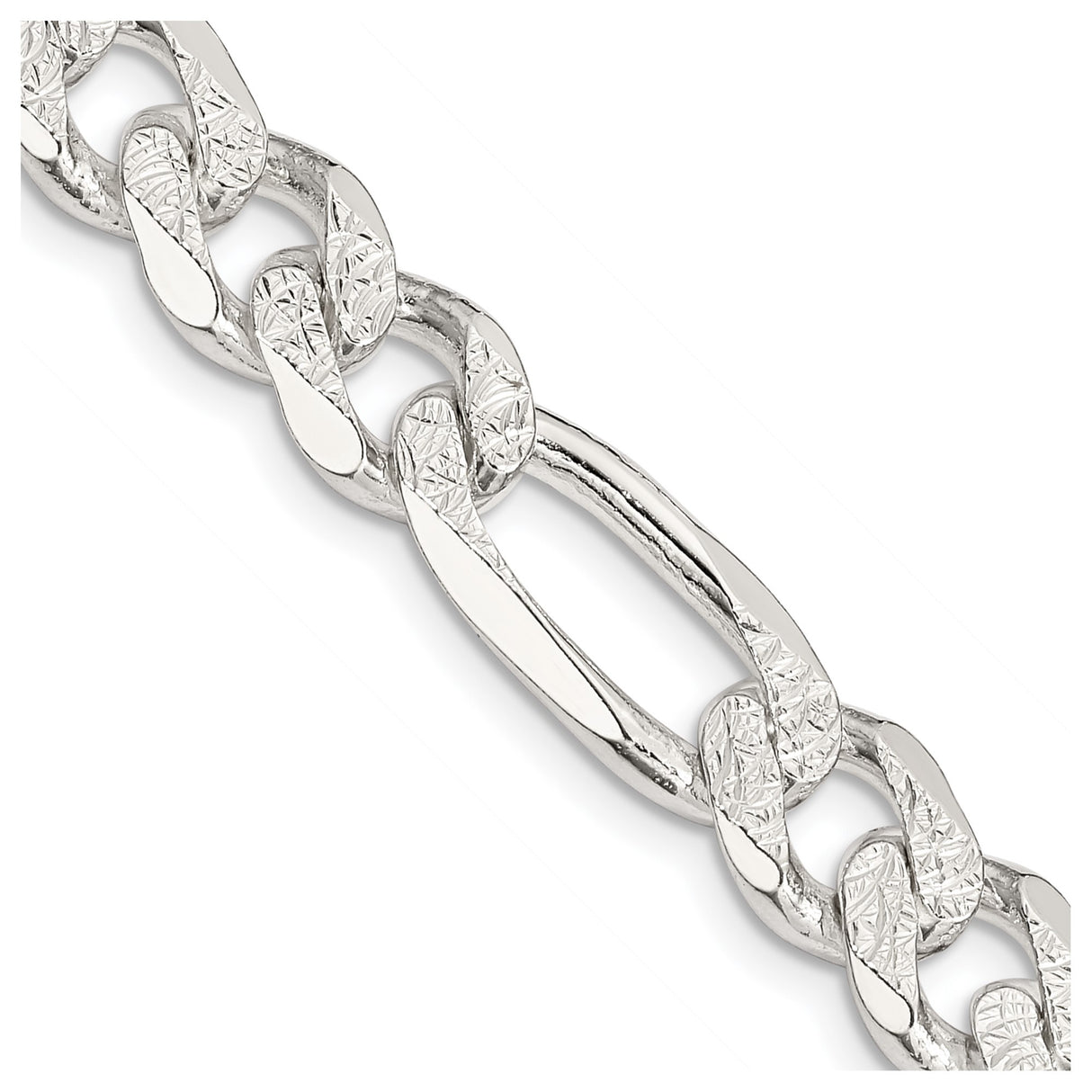 925 White Gold 10.5 mm Figaro Chain Necklace, Polished detail view