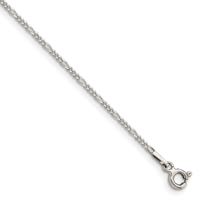 925 White Gold 1.4 mm Figaro Chain Anklet, Polished shown for scale