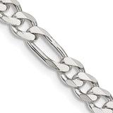 925 White Gold 5.5 mm Figaro Chain Necklace, Polished detail view