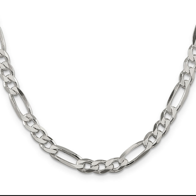 925 White Gold 6.75 mm Figaro Chain Necklace, Polished