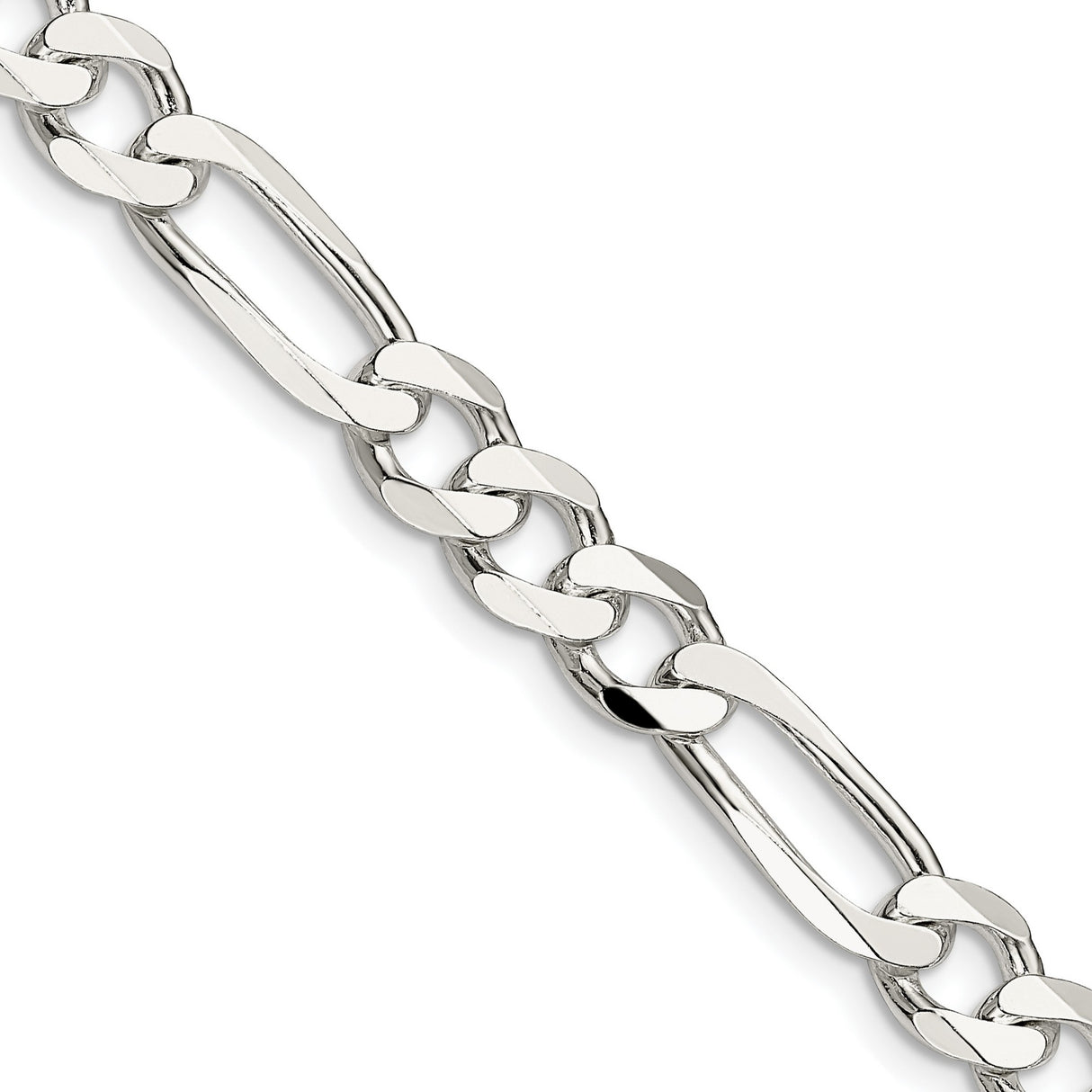 925 White Gold 7.5 mm Figaro Chain Necklace, Polished detail view