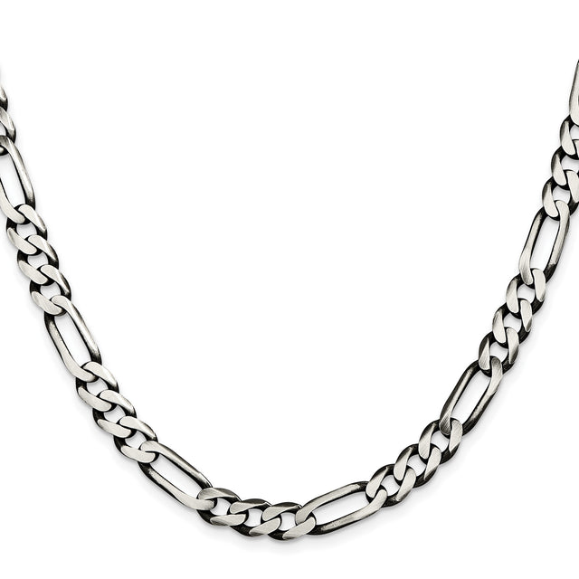 925 White Gold 7.5 mm Figaro Chain Necklace, Solid