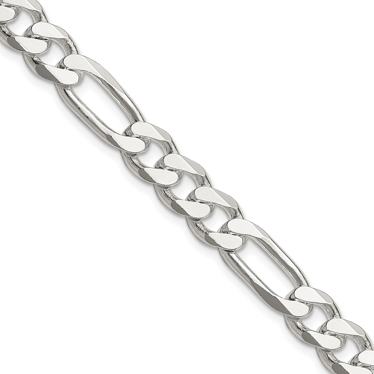 925 White Gold 8 mm Figaro Chain Necklace, Polished detail view