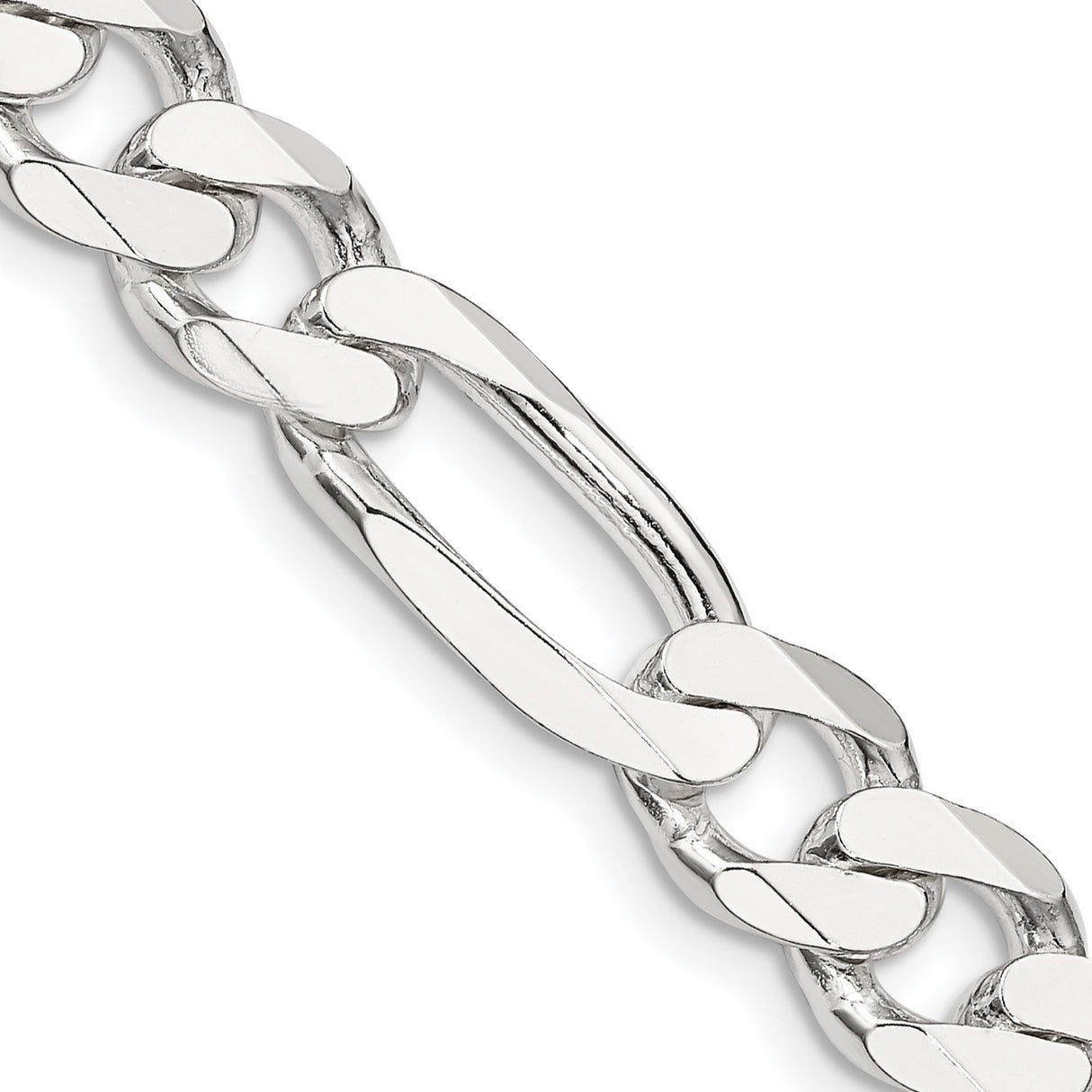 925 White Gold 9 mm Figaro Chain Necklace, Polished detail view