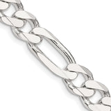 925 White Gold 9 mm Figaro Chain Necklace, Polished detail view