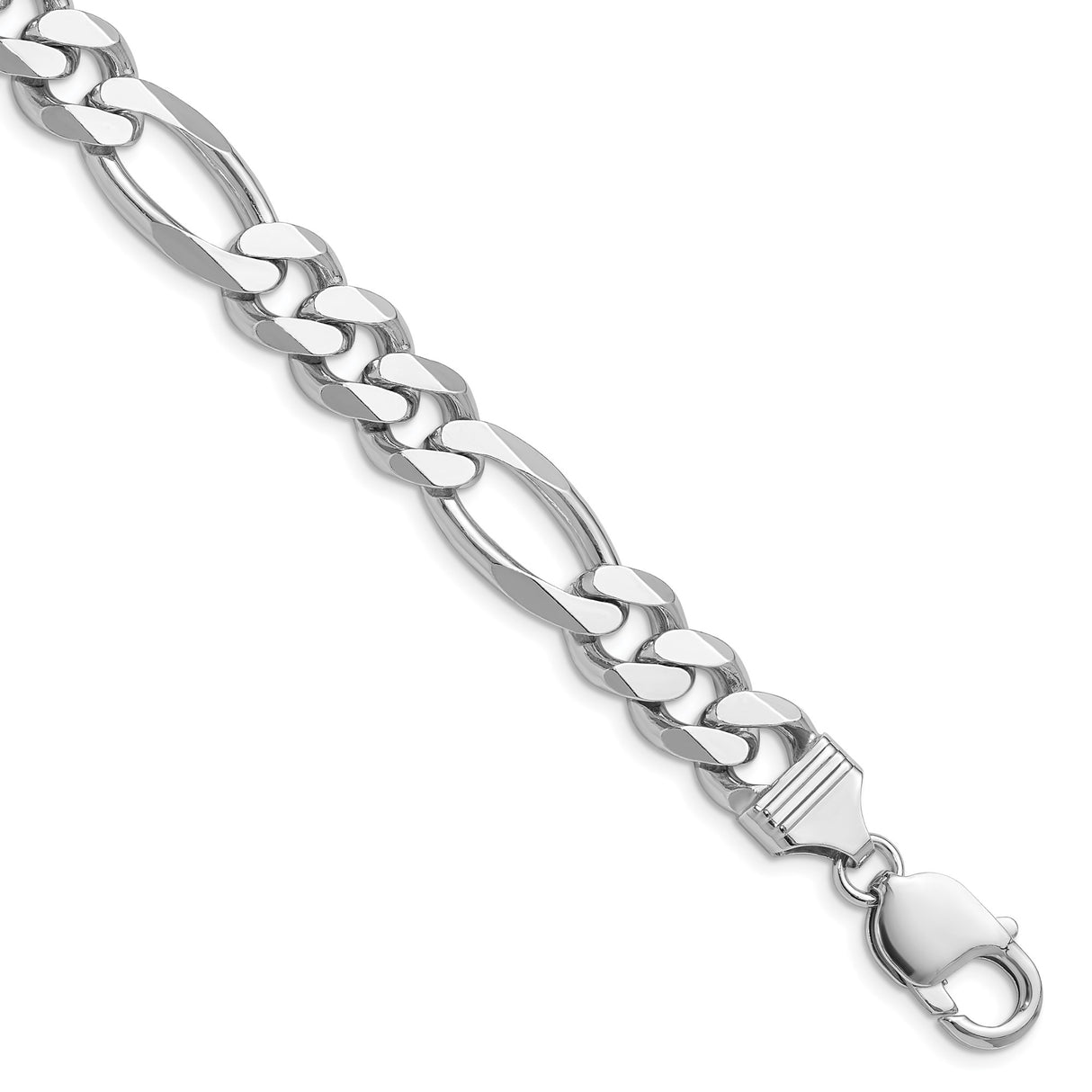 925 White Gold 10.2 mm Figaro Chain Necklace, Polished detail view