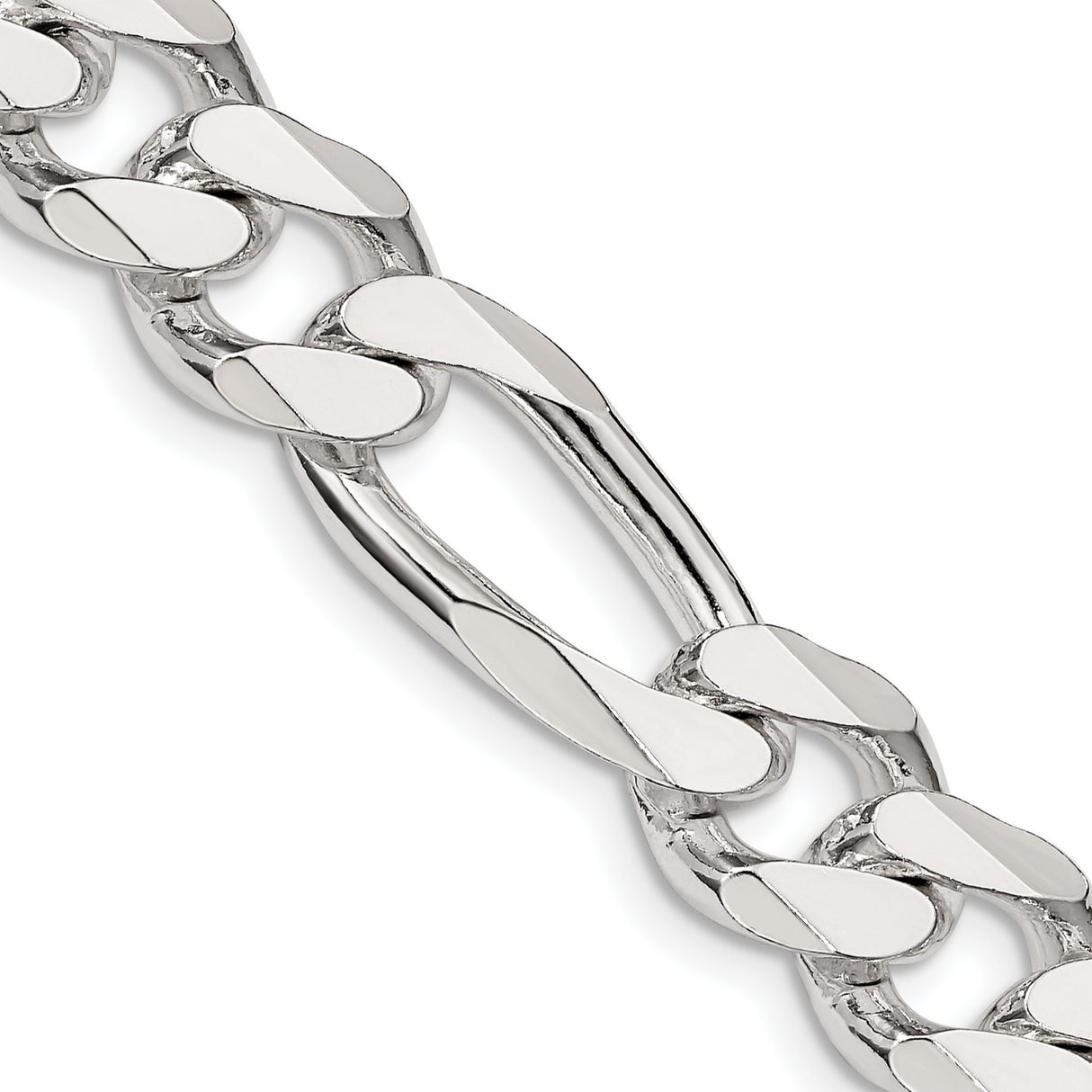 925 White Gold 10.75 mm Figaro Chain Necklace, Polished detail view