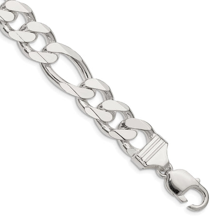 925 White Gold 13.5 mm Figaro Chain Bracelet, Polished shown for scale