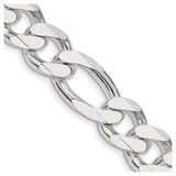 925 White Gold 13.5 mm Figaro Chain Necklace, Polished detail view