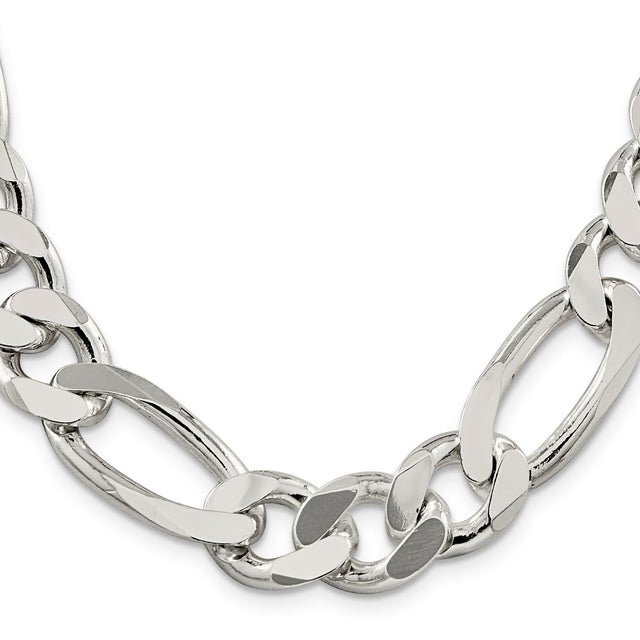925 White Gold 15 mm Figaro Chain Necklace, Polished