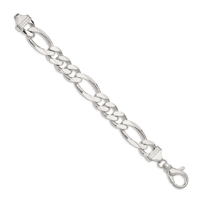 925 White Gold 15 mm Figaro Chain Bracelet, Polished