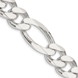 925 White Gold 15 mm Figaro Chain Necklace, Polished detail view