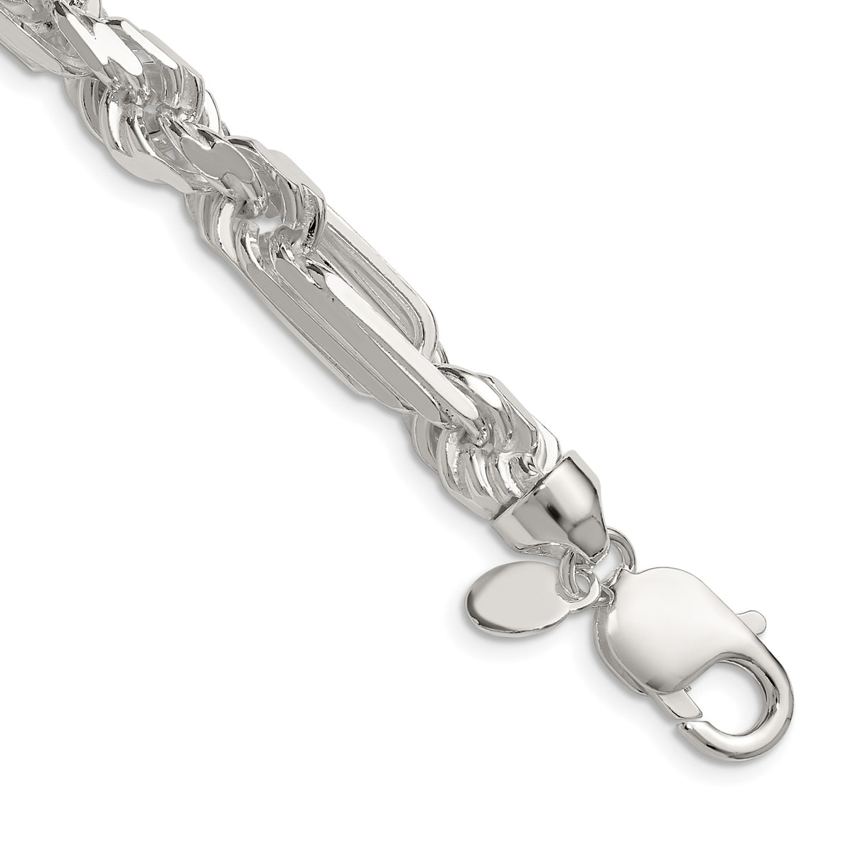 925 White Gold 8 mm Figaro Chain Necklace, Polished detail view