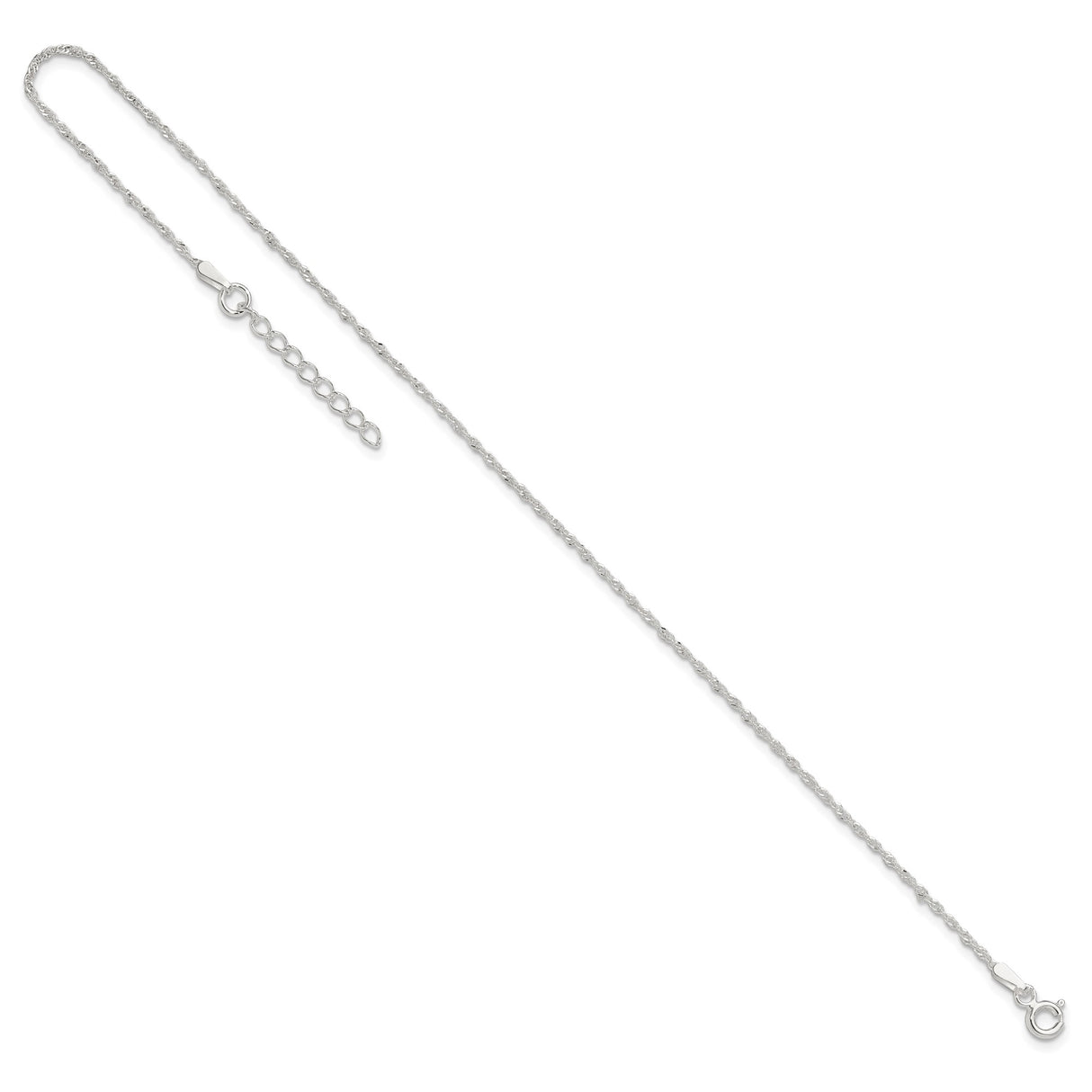 925 White Gold 1.3 mm Singapore Chain Anklet, Polished detail view
