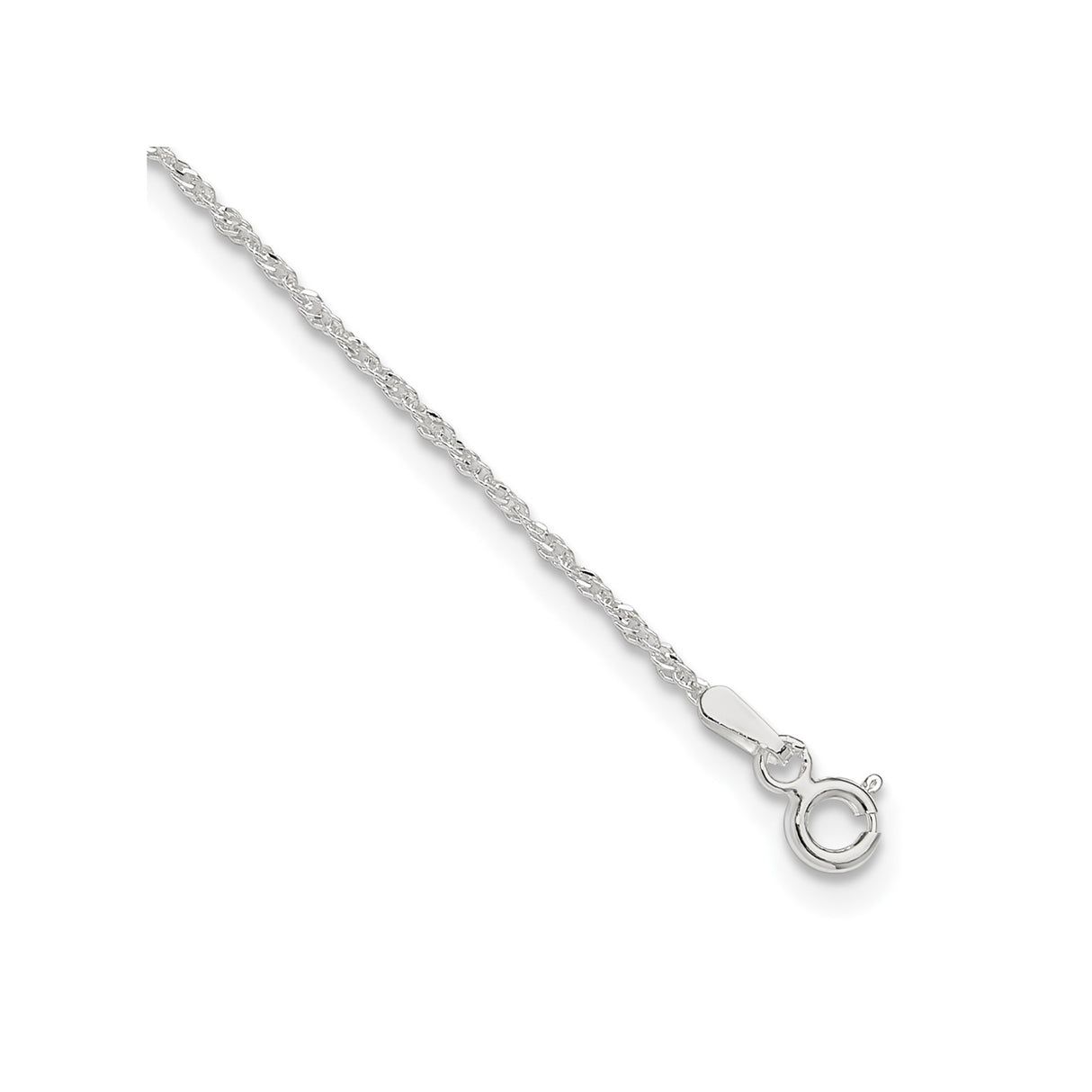 925 White Gold 1.3 mm Singapore Chain Anklet, Polished detail view