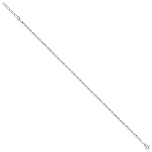 925 White Gold 2 mm Polished Chain Anklet, Solid