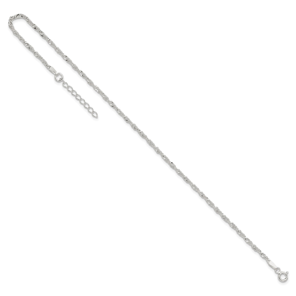 925 White Gold 2 mm Singapore Chain Anklet, Polished detail view