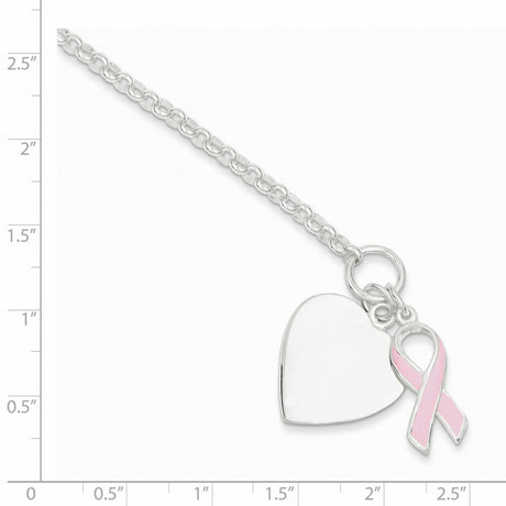 Fancy Engravable Heart with Pink Ribbon Bracelet Charm Pendant in Real 925 Sterling Silver