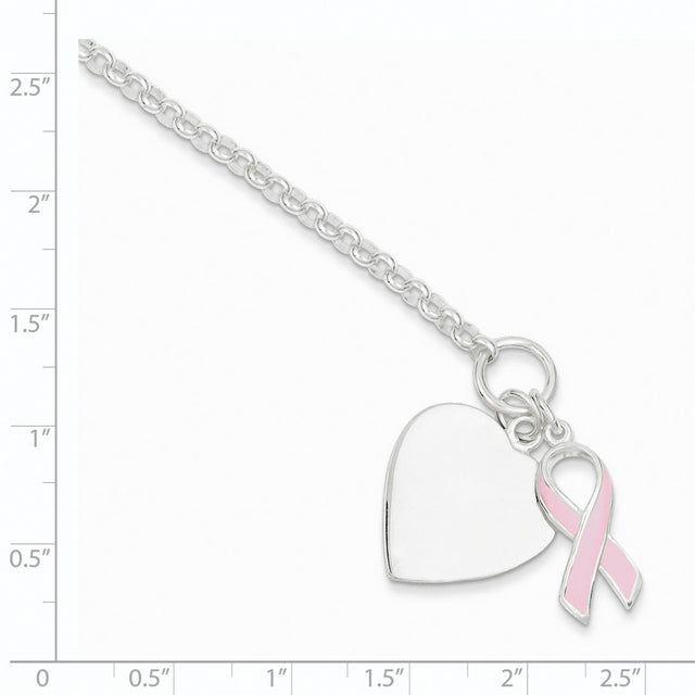 Fancy Engravable Heart with Pink Ribbon Bracelet Charm Pendant in Real 925 Sterling Silver