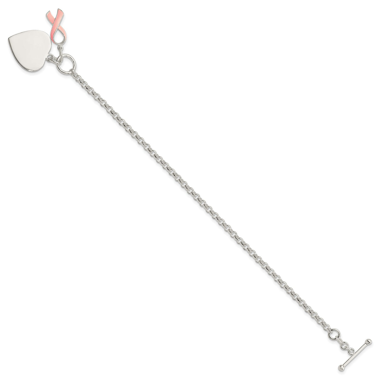 Fancy Engravable Heart with Pink Ribbon Bracelet Charm Pendant in Real 925 Sterling Silver