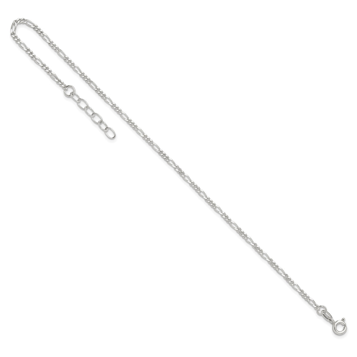 925 White Gold 2 mm Figaro Chain Anklet, Polished detail view