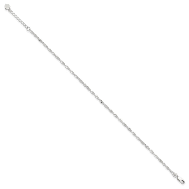 925 White Gold 3 mm Polished Chain Anklet, Solid