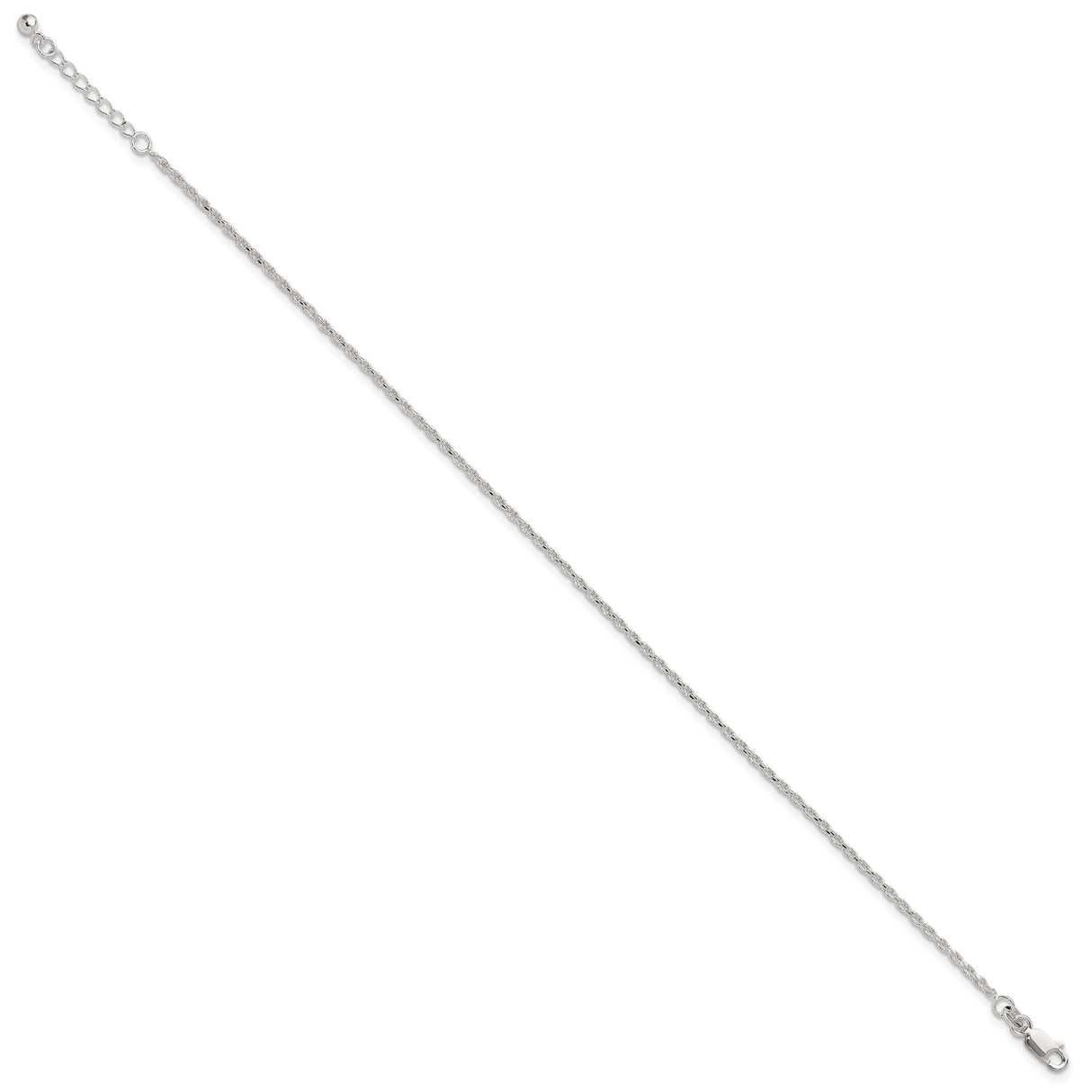 925 White Gold 2 mm Rope Chain Anklet, Polished