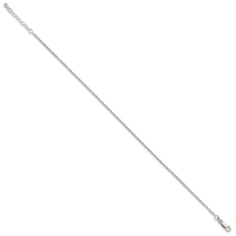 925 White Gold 2 mm Rope Chain Anklet, Polished