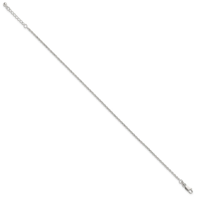 925 White Gold 2 mm Rope Chain Anklet, Polished