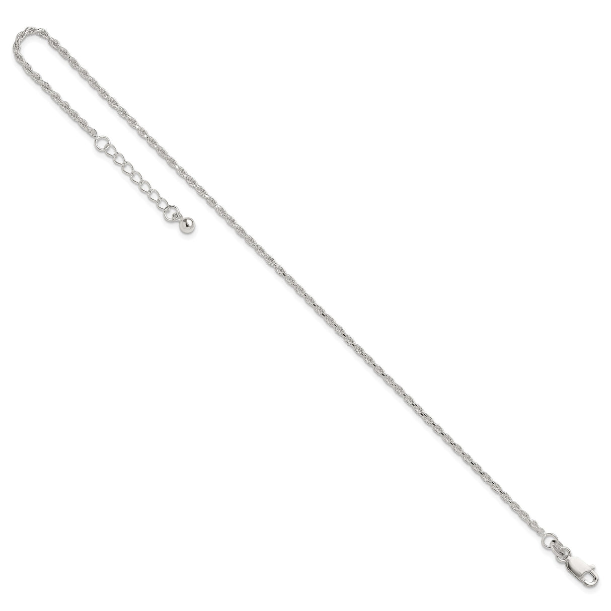 925 White Gold 2 mm Rope Chain Anklet, Polished detail view