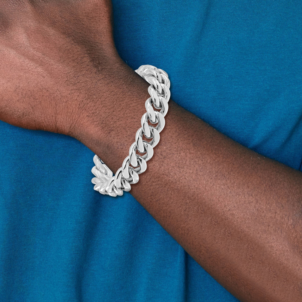 925 White Gold 14.5 mm Curb Chain Bracelet, Polished detail view