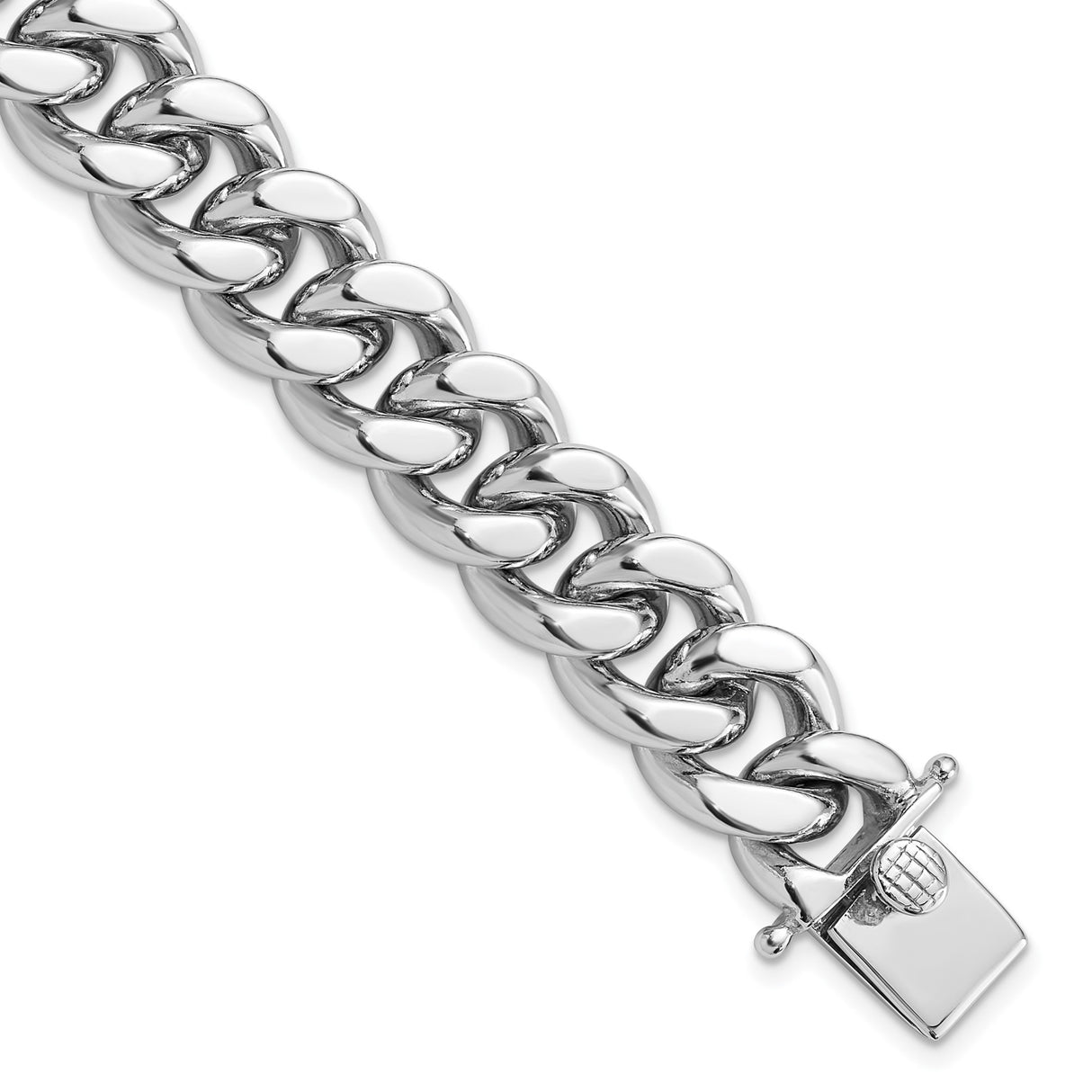 925 White Gold 15.5 mm Curb Chain Bracelet, Polished detail view