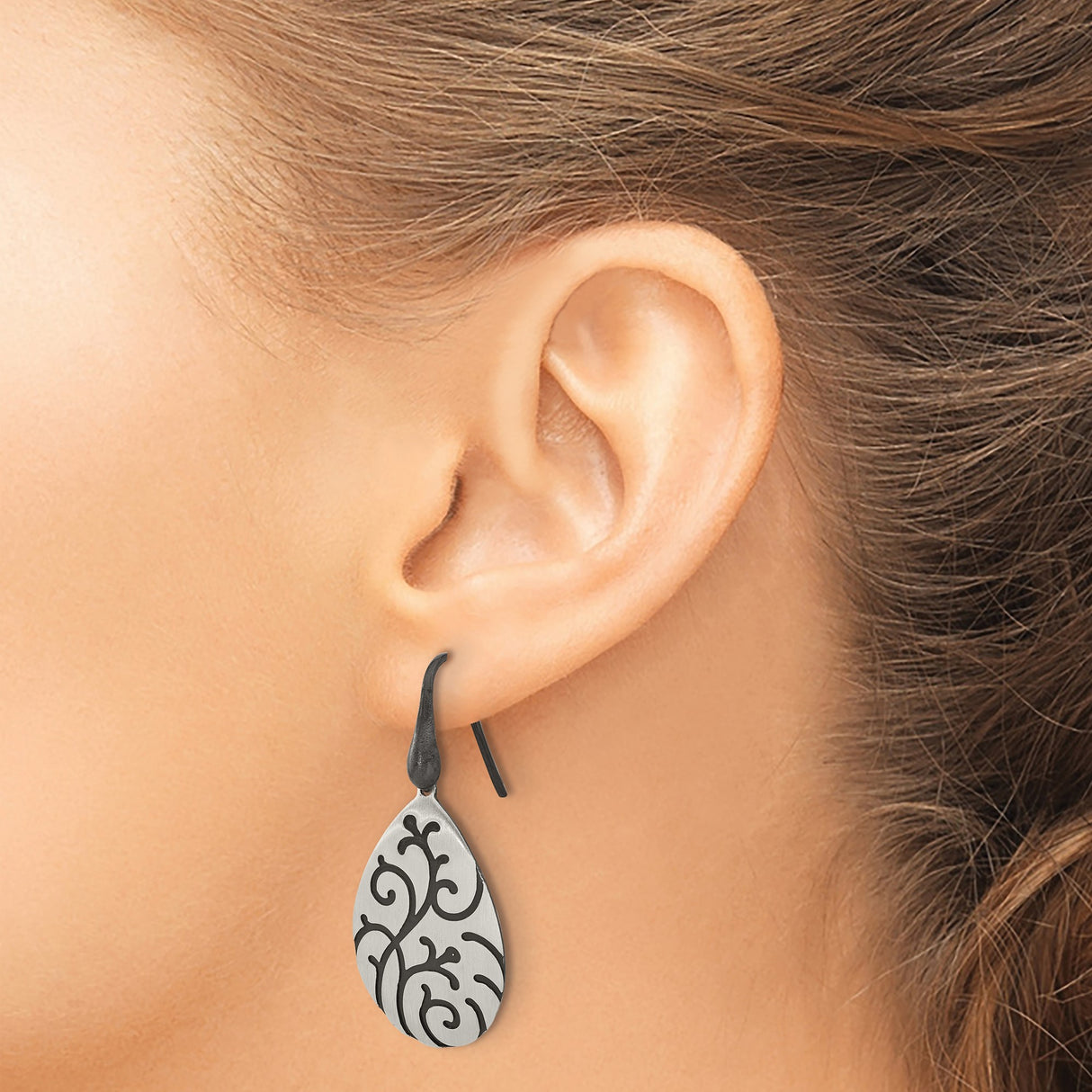 Sterling Silver Teardrop Dangle Earrings with Oxidized Floral Vine Design for Women