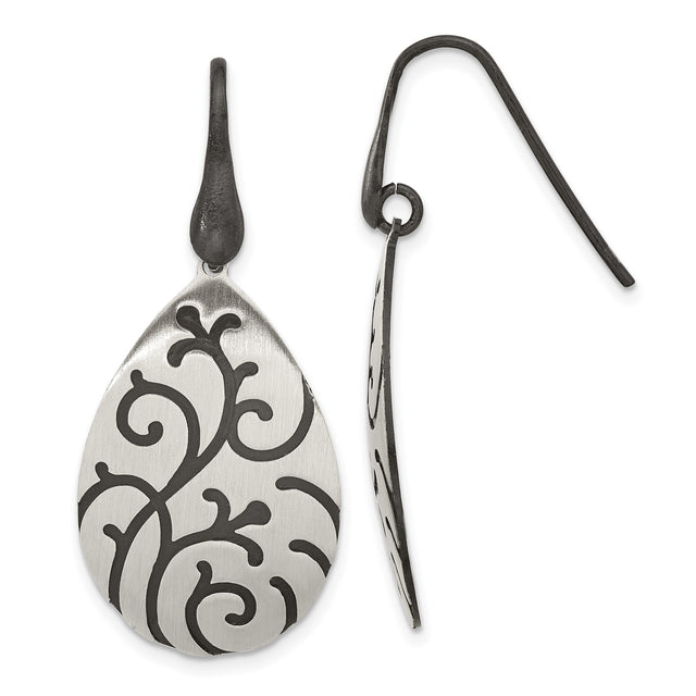 Sterling Silver Teardrop Dangle Earrings with Oxidized Floral Vine Design for Women