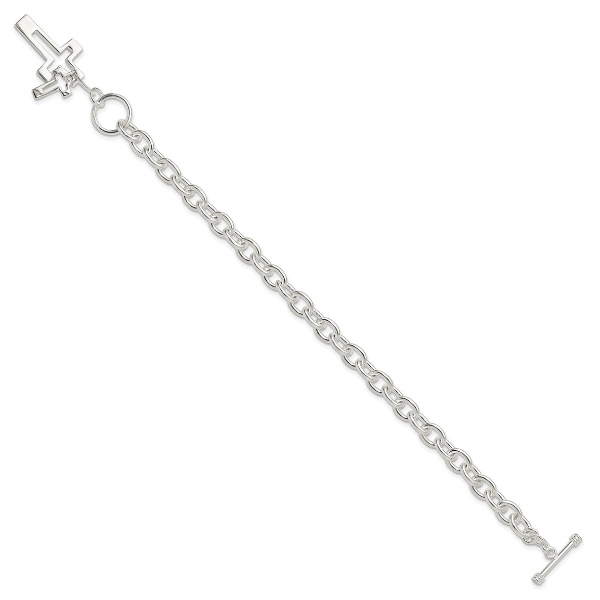Sterling Silver Toggle Bracelet with Dual Cross Charms, Open and Solid Faith Design