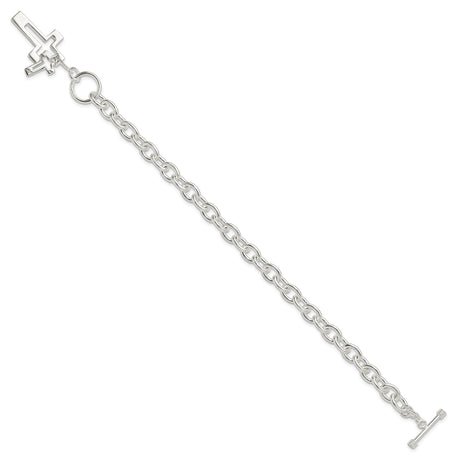 Sterling Silver Toggle Bracelet with Dual Cross Charms, Open and Solid Faith Design