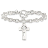 Sterling Silver Toggle Bracelet with Dual Cross Charms, Open and Solid Faith Design